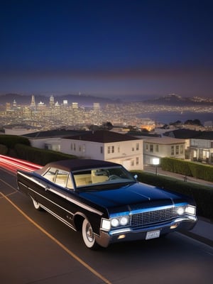 Ford Lincoln,In the foreground, a gleaming, exhibition-quality Ford Lincoln catches the light, its chrome sparkling. Behind it, the iconic San Francisco streets rise steeply, with the unmistakable silhouette of a brightly colored cable car clinging to the tracks high above.