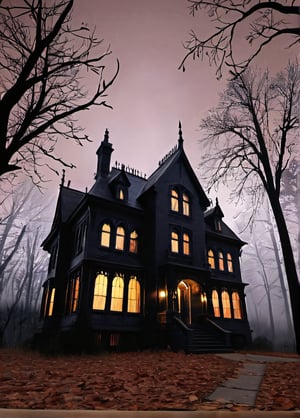 gothic mansion, glowing windows, dark forest, grim path, creepy creatures, withLora(Halloween_Ghostly,0.5)