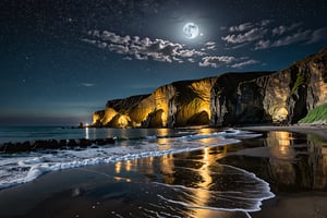 A tranquil beach scene under the light of a full moon. The waves gently lap at the shore, reflecting the silvery moonlight. Tall, dark cliffs frame the beach, and bioluminescent algae glow softly in the water. The sky is filled with stars, and the air is thick with a sense of mystery and calm. Hyper-detailed, ethereal lighting, serene and mysterious, high contrast between dark cliffs and glowing water