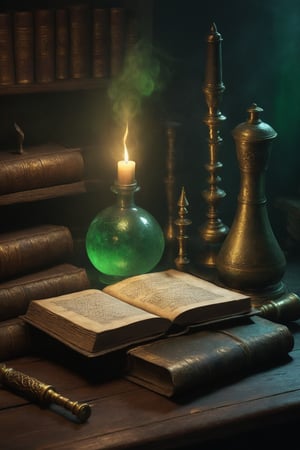 Eldritch laboratory, ancient books, arcane symbols, bubbling potions, dark wood and brass instruments, eerie green light, detailed textures, high detail, high resolution, (dark fantasy, eerie:1.3), (haunting, atmospheric:1.2), (nightmarish:1.4), masterpiece quality , 
