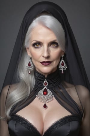 real_foto, beautiful_female, white_hair, 54 years old, white teeth, intense_brown_eyes, little_black_mourning_hat_with_veil,  sexy_mourning_clothes_with_veil, standing, detailed picture, tall, hourglass_figure, natural_skin, huge_boobs, beautiful_face,  dark red lips, necklaces, glittering_medallion, large_earrings, hidden_fingers, fingers_out_of_view, full_body_visible, better photography, fully_dressed, fully_covered, veil_covers_face, veil_covers_cleavage.