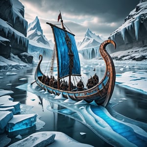 viking drakkar boat in frozen river, viking fighters, frozen blue ice, vibrant, nordic, extremely epic, ultra high res, surrealism, sheen, , energy-filled illustration
