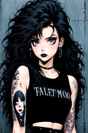 fullbody, Female goth with pale skin, long straight black hair, dressed in black ripped jeans with a black cropped tanktop, sunglasses, black lipstick, tattooed, tattooed face, tattooed body,