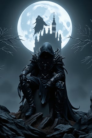 pvc figure,
Raven sitting on grave with a closeup of bright extra large full moon behind, ominous hooded figure looming with blade, gothic castle, screams in night, in the mixed styles of joseph clement coll and sergio toppi, haos, smoke