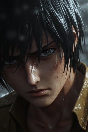 Ultra-realistic Mikasa Ackerman character, close-up of a Mikasa Ackerman with wet skin and hair dripping in rain, sharp facial expression with intense focus in the eyes, wet textures on the skin reflecting light, raindrops glistening and bouncing off her face, dramatic lighting from behind casting soft shadows, hyper-detailed cinematic rendering, in the style of photorealistic anime, realistic water effects, epic and powerful atmosphere, high-quality 3D model rendering, wet clothing clinging to the body, wcer

Mikasa Ackerman ((Shingeki no Kyojin)).mikasa_ackerman, short hair,Hair Black,Hair ,Length To Neck,Eye Black,