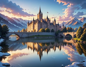 fantasy art, RPG art, photographic, National Geographic quality picture, award winning, (Best Detailed: 1.5), (best quality: 1.5) picture of an epic castle near the lake at dawn, the Middle ages castle is master crat artistry, there are (4 towers: 1.2), (massive walls: 1.2), (barbicans: 1.2), (flags: 1.2), ( a bridge: 1.2), the entire castle is being reflected in the lake in a perfect image (Best details, Best quality: 1.5), the lake is calm and placid, its dawn, the sun is rising, there some light clouds in the sky, and sun rays, behind the castle there is a missive snowy mountain as background best quality, (extremely detailed), ultra wide shot, photorealism, depth of field, hyper realistic, 2.5 rendering,