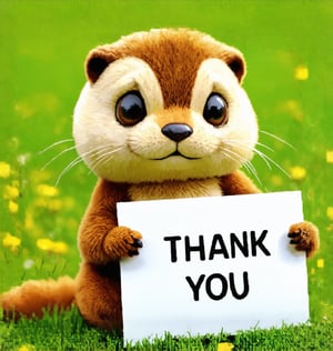 a cute furry little otter sitting on grass holding a sign  , the text on the sign is to read  ''5 k  thank you''