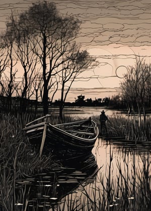 linquivera, Ink illustration, (anime:0.5), brown tones, aged black red paper, inkpunk, moonlight,surreal, a ghost standing on a boat in swampy wetlands, (at a distance), Will-o'-the-wisp, moonlit, lonely, solitude, windy, tall trees, willows, willowy, OverallDetail, extremely detailed, UHD,(long exposure , dystopian but extremely beautiful:1.4), ,,  , , 