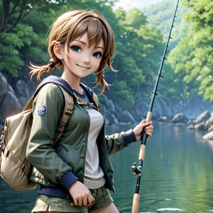 1 girl, (doing fishing), character focus, close to viewer,smile , outdoor clothing, , high resolution,(incredibly absurdres), (hires.fix:1.3),anime visual,extremely detailed CG unity 8k wallpaper, ((masterpiece)), ((top-quality)), (beautiful illustration,background Tento), ((an extremely delicate and beautiful))