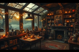 
score_9, score_8_up, score_7_up, photography, photorealism, UHD, highly detailed, realistic, extremely detailed, photorealistic, books on shelves in a solarium at dusk in autumn mist, halloween decorations and candy on a table