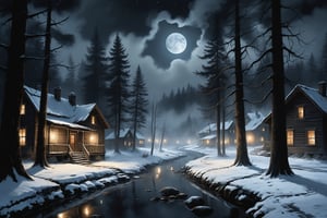 Transports viewers to a haunted, remote ghost town shrouded in darkness, where huge trees in a dark forested area behind the houses, water flowing from a small stream and spectacular apparitions hover among the swirling mist, evoking a sense of otherworldly horror. Tense, eerie, and dark only moonlight, candlelight, ink painting, illustration, photo-realistic, realistic, long shot