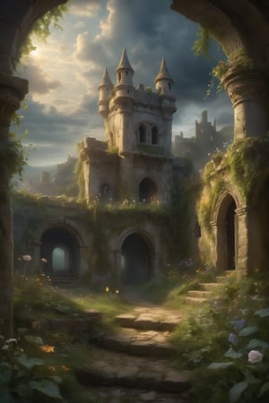 oil painting, Fairies play with the ghosts of the past in an enchanted garden in the ruins of an old castle, a secret tunnel leads to a forgotten crypt, dramatic clouds, gloomy, mysterious, hazy, dusty, mystical, mysterious, gloomy, hazy, dusty, dramatic light, 34K uhd, masterpiece, high detail, 8k, intricate, detailed, high resolution, high res, high quality, , highly detailed, Extremely high-resolution details, fine texture,