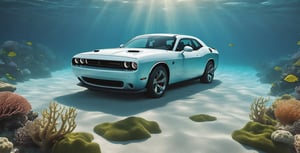 There&#39;s a Dodge Challenger III Restyling 2 2015 at the bottom of the ocean, surrounded by marine life. Light breaks through the water, creating mystical lighting. The car is partially covered with seaweed and coral, which emphasizes his prolonged stay under water. A variety of fish and other marine life swim around. Details for creating a picture: Main object: sports car (Dodge Challenger III Restyling 2 2015). Clean lines and modern car design, but with elements of corrosion and fouling by algae and corals. ambient: Ocean floor, covered with sand and stones. Marine flora: algae, armed, sea grass. Marine fauna: various types of fish, Maybe, small sharks, Jellyfish. Lighting & Atmosphere: Scattered light, penetrating through the water from above, creating soft light rays. Shadows & Depth, giving the image realism. Bluish and greenish shades, characteristic of the underwater environment. Additional elements (Optional): Shipwrecks or old chests in the distance to add ambience. little air bubbles, rising from the car. Style and mood: Realistic style with high detail. Mystical and slightly mysterious atmosphere. Combination of modern and natural. Technical specifications: a high resolution. Realistic stylization. Detailed elements of the car and the underwater world. Effective use of light and shadow to create depth and realism.