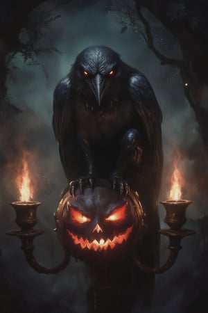 a black raven  sitting  a JACK O LANTERN, the black raven has glowing red eyes,  on each side is a flamings torchs. the atmosphere is dark and foggy.
dark, texture, vintage, light particles, dust, noise, grainy, film grain, pure black