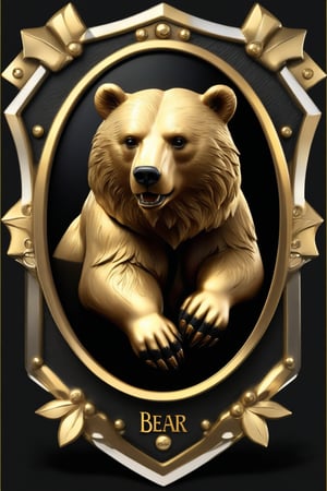 Masterpiece, realistic. High quality. Detailed. Badge. Bear
, golden frame,   black background, detailed paws