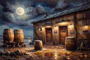 Painting of pub building in a desolate village in 1930s. Barrels standing close to the door. Old fishing boat leaning against the wall. Rainy, moonless night.  oil painting,  palette knife painting