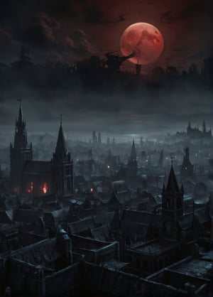 The city of yharnam, oil painting, Red moon, realistic, extreme detail, scary, terrifying, dark and warm environment, 8k, Epic, (Use Dream Diffusion Secret Prompt), UHD