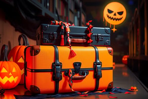 RAW Photo of HalloweenGlowStyle Orange Suitcase, (Masterpiece:1.3) (best quality:1.2) (high quality:1.1)