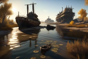 stalker game, reed estuary with abandoned ships, metro exodus, fallout 4, cinematic backlighting, magical deep shadows, ultra-realism