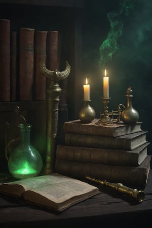 Eldritch laboratory, ancient books, arcane symbols, bubbling potions, dark wood and brass instruments, eerie green light, detailed textures, high detail, high resolution, (dark fantasy, eerie:1.3), (haunting, atmospheric:1.2), (nightmarish:1.4), masterpiece quality , 