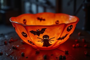 RAW Photo of HalloweenGlowStyle Orange decorative bowl, (Masterpiece:1.3) (best quality:1.2) (high quality:1.1)