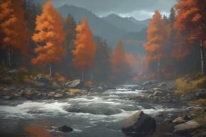 desolate, autumnal mountain range, fiery oranges and deep umbers dominate the landscape, wild foliage clashes with jagged rock formations, a torrential river carves through the wilderness, eerie stillness permeates the atmosphere, every element meticulously rendered in high detail, style of Ash Thorp and Ian McQue.