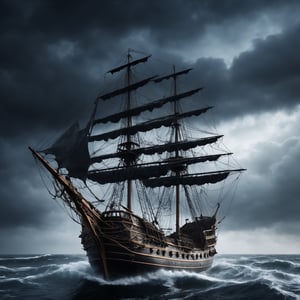 spiderweb pirate ship, ghost entwined with cobwebs, rough dark waves cloudy sky dark sky, cinematic, photorealistic very detailed, professional photo