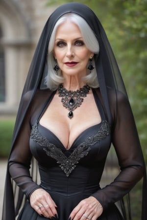 real_foto, beautiful_female, white_hair, 54 years old, white teeth, intense_brown_eyes, little_black_mourning_hat_with_veil,  sexy_mourning_clothes_with_veil, standing, detailed picture, tall, hourglass_figure, natural_skin, huge_boobs, beautiful_face,  dark red lips, necklaces, glittering_medallion, large_earrings, hidden_fingers, fingers_out_of_view, full_body_visible, better photography, fully_dressed, fully_covered, veil_covers_face, veil_covers_cleavage.