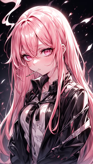 (best quality), (4k resolution), digital illustration of a young woman with long black hair and pink highlights. She has pink eyes and is smoking a cigarette. The background is dark and the colors are predominantly black and pink. The mood of the image is dark and edgy. She looks confident and rebellious, as if she does not care about the rules or the consequences of her actions. She seems to enjoy the contrast between her appearance and the darkness around her,1 girl