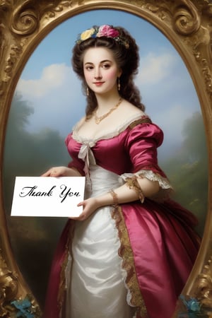 Very beautiful girl holding a white board with text ""Thank you "". Rococo oil paint, bright colors, text as ""