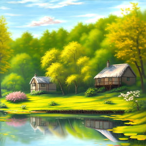 Oil painting of a cottage near a pond, spring time.