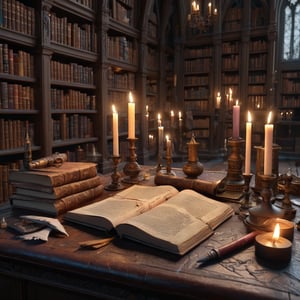 ancient library, books, artifacts, magical gothic spellbook, candles, writing quill, magical paraphernalia, trending on artstation, sharp focus, studio photo, intricate details, highly detailed, by greg rutkowski