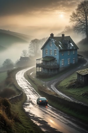 racing video game style, detailed car models, realistic environments, motion blur in this pixelated artwork,  of a weathered  house, overlooking a misty morning landscape.  the atmosphere is one of efface, the misty air blending seamlessly with the pixelated style to create an ethereal quality. the colors are muted, with shades of blue and green dominating the scene, punctuated by splashes of warm sunlight filtering through the mist. . ,(((without people)))