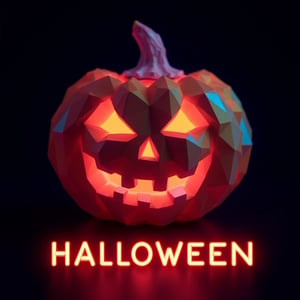 Halloween Jack-o-lantern made entirely of multicolored glowing crystals, ((low poly)), refraction, dark backdrop, happy, translucent, illumination, minimalist, , at the bottom in orange neon color the word halloween,