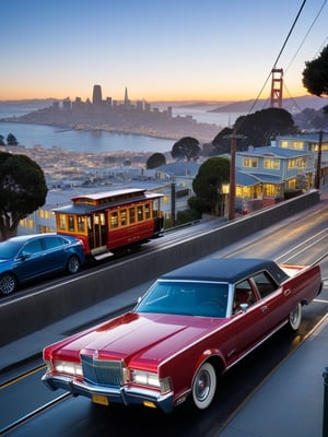 Ford Lincoln,In the foreground, a gleaming, exhibition-quality Ford Lincoln catches the light, its chrome sparkling. Behind it, the iconic San Francisco streets rise steeply, with the unmistakable silhouette of a brightly colored cable car clinging to the tracks high above.