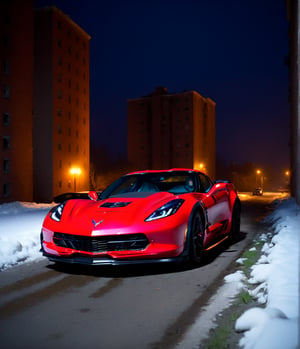 analog gloomy photo of a (Red Chevrolet Corvette Z06, ), ((speeding in an abandoned city (at midnight))), ((decayed apartment buildings in the background)), ((snow)), (horror movie), ((nighttime)), (midnight), ruins, claustrophobic, High Detail, Sharp focus, ((photorealism)), ((realistic)), best quality, 8k, award winning, dramatic lighting, epic, cinematic, masterpiece, backlit, contrejour, rim light, ambient fog:1.4, dutch angle, depth of field, volumetric lights,