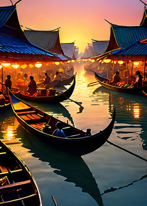 Floating market on Venus at dawn, masterpiece, fantasy, digital art, highly detailed, overall detail, atmospheric lighting, Awash in a haze of light leaks reminiscent of film photography, awesome background, highly detailed styling, studio photo, intricate details, highly detailed, cinematic, ,