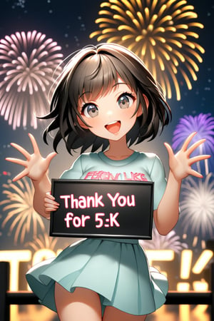 A girl holding a 3D sign in neon that reads text ""Thank you for 5 K likes"" text. Fireworks in the background 