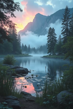 A serene Laivi scenery featuring a tranquil lake surrounded by lush greenery and towering trees. The lake is calm, with reflections of the sky and trees visible on its surface. . There are many lilies and reeds in the water. Red sunset.The composition is centered around the lake, with the surrounding forest framing the scene. The lighting is soft, with warm tones filtering through the trees, creating a peaceful and eye-soothing atmosphere.(A serene landscape of a sparkling lake, gentle clouds drifting in a bright blue sky, majestic mountain peaks emerging from the mist), vibrant colors, reflective water surface, tranquil atmosphere, high detail. highly detailed and hyper realistic photo, by Alena Aenami , by Archibald Thorburn , by Daniele Afferni , in the style of monochromatic silhouette reflection, limited dark palette, unusual dark colors, faded colors, atmospheric haze, highly dramatic cinematic lighting, motion blur, film grain, professional, excellent composition, finest details, maximized details, ultimate detail level, masterpiece, best quality