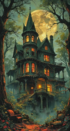 Extreme detailed. Stunning oil painting illustration by ZloyOrk. 

In the heart of a forgotten forest, an ancient, dilapidated house stands, shrouded in darkness and mystery. The once-majestic Victorian mansion, now abandoned and forsaken, beckons the curious and the brave, offering a chilling glimpse into the realm of the macabre.  The house, with its crumbling facade and eerie silence, is a testament to the passage of time and the decay of human ambition. The once-ornate balconies and gothic turrets now stand as silent sentinels, their dark shadows stretching like gnarled fingers towards the unsuspecting traveler.  As the moonlight filters through the skeletal trees, casting an otherworldly glow upon the mansion, whispers of long-forgotten horrors fill the air. The wind, howling through the broken windows and creaking floorboards, seems to carry the echoes of tortured souls, forever trapped within the confines of this haunted abode.  Inside the house, the air is thick with the scent of decay and the lingering remnants of past horrors. The once-grand rooms, now draped in cobwebs and dust, are filled with the ghostly remnants of a bygone era. Faded portraits, their subjects' eyes seemingly following the intruder, line the walls, while antique furniture stands as silent witnesses to the horrors that have unfolded within these walls.  The background, a chilling blend of darkness and despair, is reminiscent of the haunting art of Edward Gorey and the twisted landscapes of Tim Burton. The shadows, alive with the whispers of the damned, seem to stretch and contort, as if reaching out to ensnare the unwary visitor.  Inspired by the gothic horror of Dracula and the chilling atmosphere of The Haunting of Hill House, the scene comes to life with a blend of macabre beauty and spine-tingling terror. The abandoned house, a testament to the darkness that lurks within the human soul, is a chilling reminder that not all ghosts are confined to the realm of the supernatural.

The shadows dominate the scene, hinting at the supernatural stories that might unfold within the haunted dwelling.