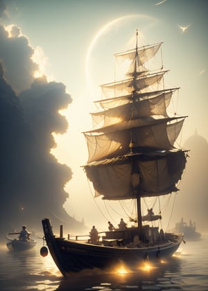 Floating market on Venus at dawn, masterpiece, fantasy, digital art, highly detailed, overall detail, atmospheric lighting, Awash in a haze of light leaks reminiscent of film photography, awesome background, highly detailed styling, studio photo, intricate details, highly detailed, cinematic, ,