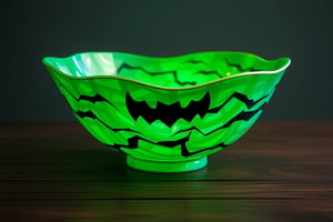 RAW Photo of HalloweenGlowStyle Green decorative bowl, (Masterpiece:1.3) (best quality:1.2) (high quality:1.1)