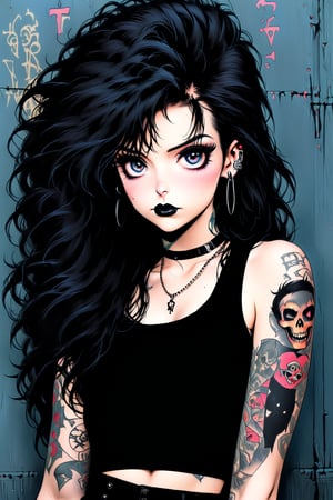 fullbody, Female goth with pale skin, long straight black hair, dressed in black ripped jeans with a black cropped tanktop, sunglasses, black lipstick, tattooed, tattooed face, tattooed body,