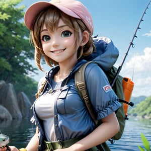 1 girl, (doing fishing), character focus, close to viewer,smile , outdoor clothing, , high resolution,(incredibly absurdres), (hires.fix:1.3),anime visual,extremely detailed CG unity 8k wallpaper, ((masterpiece)), ((top-quality)), (beautiful illustration,background Tento), ((an extremely delicate and beautiful))