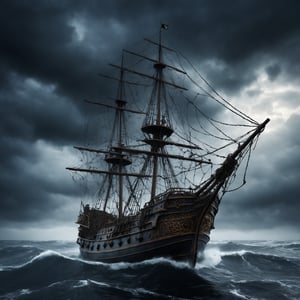 spiderweb pirate ship, ghost entwined with cobwebs, rough dark waves cloudy sky dark sky, cinematic, photorealistic very detailed, professional photo