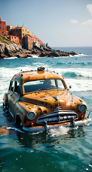 Voiture sous l'eau, rouille, recouvert par des alges, au fond de la mer, voiture des années 50, . L'image est net et en haute resolutions.[Voiture] [sous l'eau] [rouillée] [mer]  [algue]