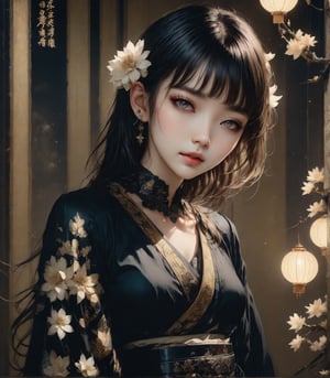 high quality, high quality 32k  Woman in a gothic setting, grunge inspired with Yuko Shimizu, Masamune Shirow, Inio Asano, and Junji Ito's styles, high fashion elements in a dark and ambiguous atmosphere, hair flowing into a radiant lily, body embellished with crystals, luminism, bioluminescence, expression brimming with hyperrealism, stands with dark beauty, cinematic lighting, visual enhancement through triple exposure technique, accentuating the character's impeccably depicted fingers and idealised form, Japanese ink techniques, chiaroscuro effects, medium shot, high quality, ultra hd,emo