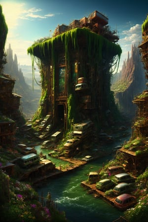 style by Terry Redlin,best quality,high resolution,extremely detailed,8k,dynamic angle, vray engine,creative,unconventional,creative dystopic, sky-land realism dreamlike floating cyberpunk,glass architecture masterpiece inspired by ,green floral,cliff realistic junkyard nature by Thomas Cole,huge busy maximalist scene