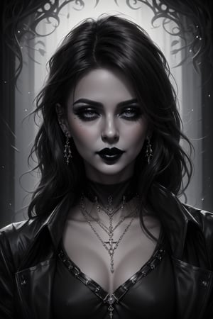 create me a lovely lady, necklace, long hair, jewelry, earrings, looking at viewer, wrenchsfantasy, black hair,black makeup, black lipstick,