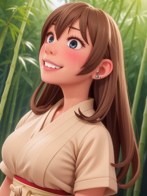 Chiaki (Uchi no otouto maji de dekain dakedo mi ni konai),(High quality, High resolution, Fine details, Realistic), Bamboo grove path, Kimono, Woman looking up, solo, Curvy women, sparkling eyes, (Detailed eyes), smile, blush, Large breasts, Sweat, Oily skin, Calm atmosphere, Fantastic, Soft tones, Soft light,   ear_piercing,earrings,light_brown_hair,Blue_Eyes,Bangs,long hair ,